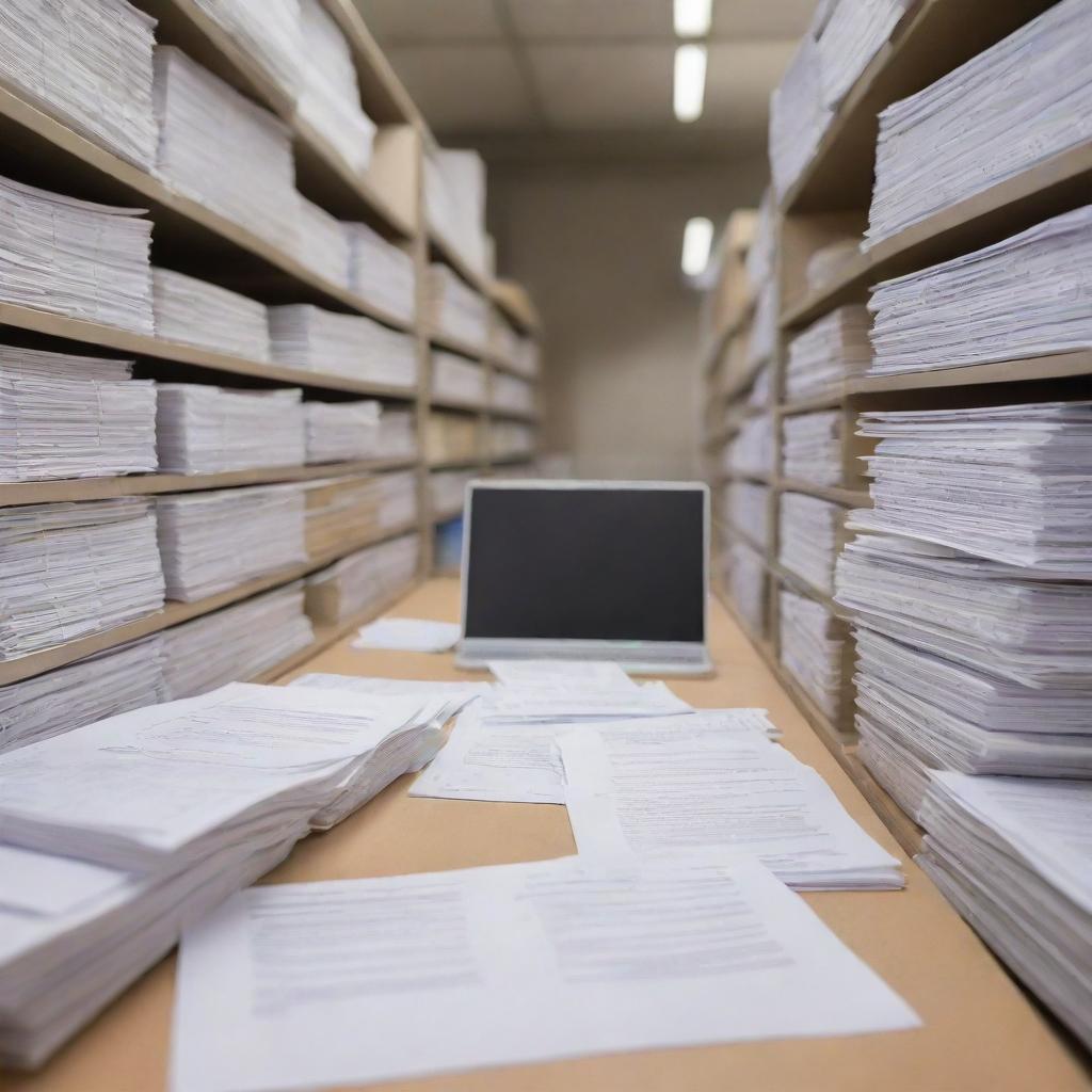 An organized document controller at a project site, deeply engaged in managing crucial documentation, surrounded by various files and paperwork while diligently working on a computer system