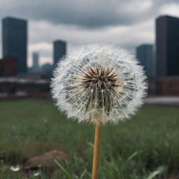 An intricately beautiful dandelion stands in contrast against a dystopian future backdrop, all in high-quality and high-resolution.