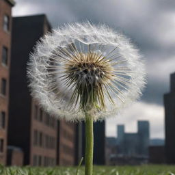 An intricately beautiful dandelion stands in contrast against a dystopian future backdrop, all in high-quality and high-resolution.