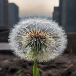 An intricately beautiful dandelion stands in contrast against a dystopian future backdrop, all in high-quality and high-resolution.