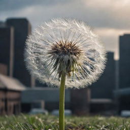 An intricately beautiful dandelion stands in contrast against a dystopian future backdrop, all in high-quality and high-resolution.