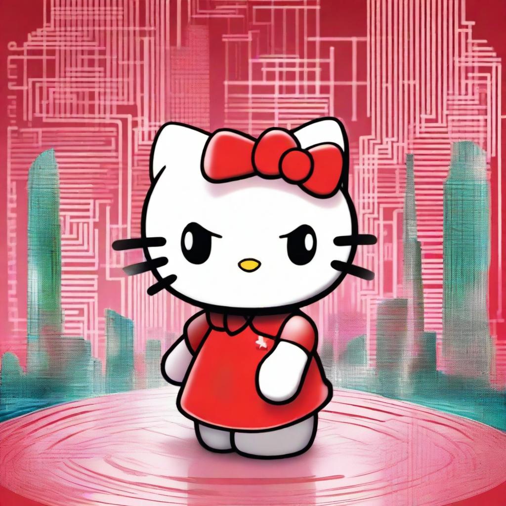 A high-quality digital art image showcasing Hello Kitty interacting with a futuristic artificial intelligence interface