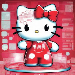 A high-quality digital art image showcasing Hello Kitty interacting with a futuristic artificial intelligence interface