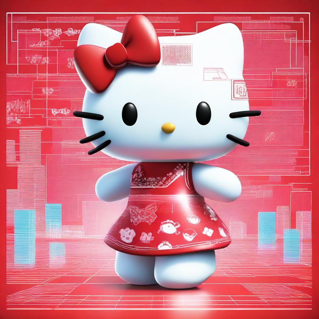 A high-quality digital art image showcasing Hello Kitty interacting with a futuristic artificial intelligence interface