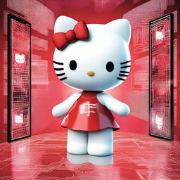 A high-quality digital art image showcasing Hello Kitty interacting with a futuristic artificial intelligence interface