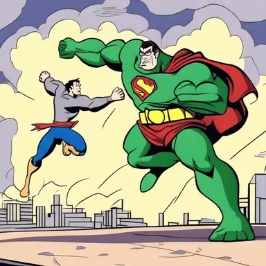 In the final denouement of the cartoon, the hero defeats the villain and saves the day.