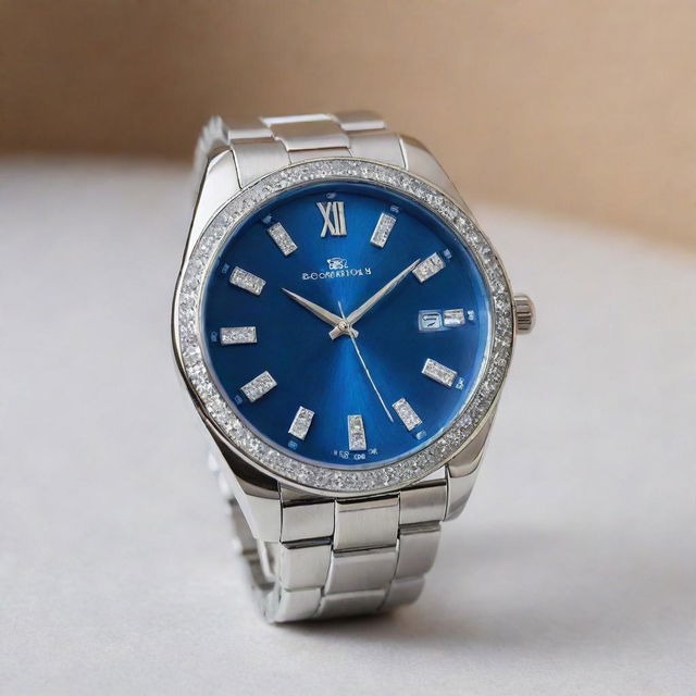 A luxury wristwatch with a sleek silver band and a blue, crystal-like face sparkling under natural light.