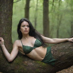 photo shot by sony alpha ii and sony fe 200, a full body woman, in forest autum, lying on tree, 23 year old with green eyes and black long hair.,freckles, bikini, ultra realist, 4k hd, ultra detailed, natural light,  --style raw--v 5.2,