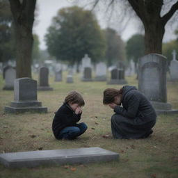 A poignant scene of a lonely child weeping at his mother's grave, amidst a serene, atmospheric cemetery.