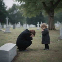 A poignant scene of a lonely child weeping at his mother's grave, amidst a serene, atmospheric cemetery.