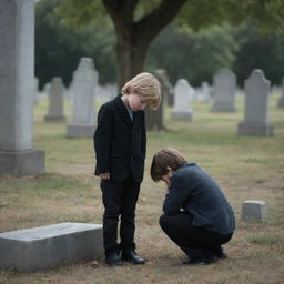 A poignant scene of a lonely child weeping at his mother's grave, amidst a serene, atmospheric cemetery.