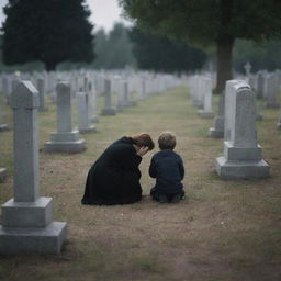 A poignant scene of a lonely child weeping at his mother's grave, amidst a serene, atmospheric cemetery.