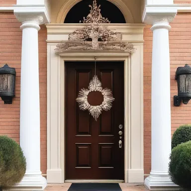 The grand entrance of the mansion featured a beautifully crafted headpiece above the door.