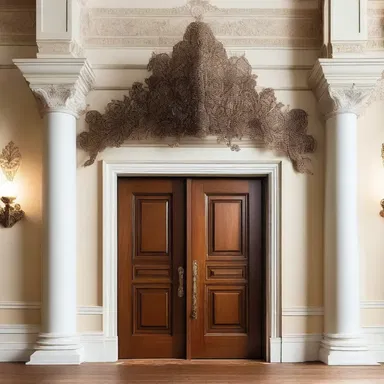 The grand entrance of the mansion featured a beautifully crafted headpiece above the door.