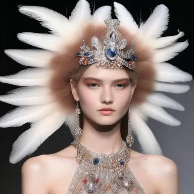 The runway model showcased a unique headpiece adorned with feathers and jewels.