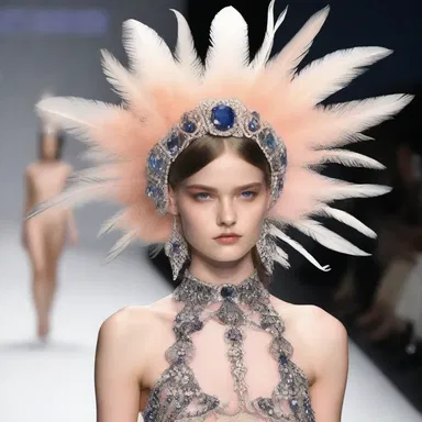 The runway model showcased a unique headpiece adorned with feathers and jewels.