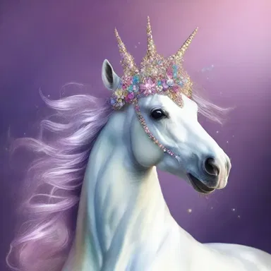 The unicorn trotted gracefully with a shimmering, jewel-encrusted headpiece adorning its head.