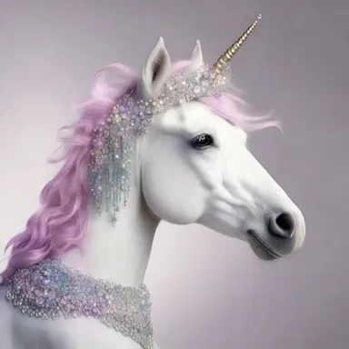 The unicorn trotted gracefully with a shimmering, jewel-encrusted headpiece adorning its head.