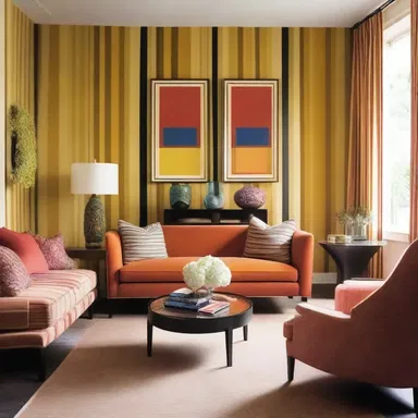 The modern living room was decorated with jaunty striped curtains and vibrant, lively artwork.
