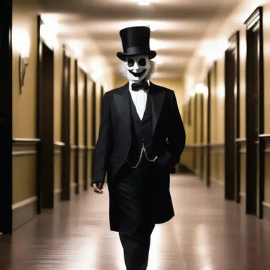 As the haunted house creaked with eerie sounds, a jaunty ghost in a dapper suit and top hat floated through the halls, adding a sinister touch to the atmosphere.