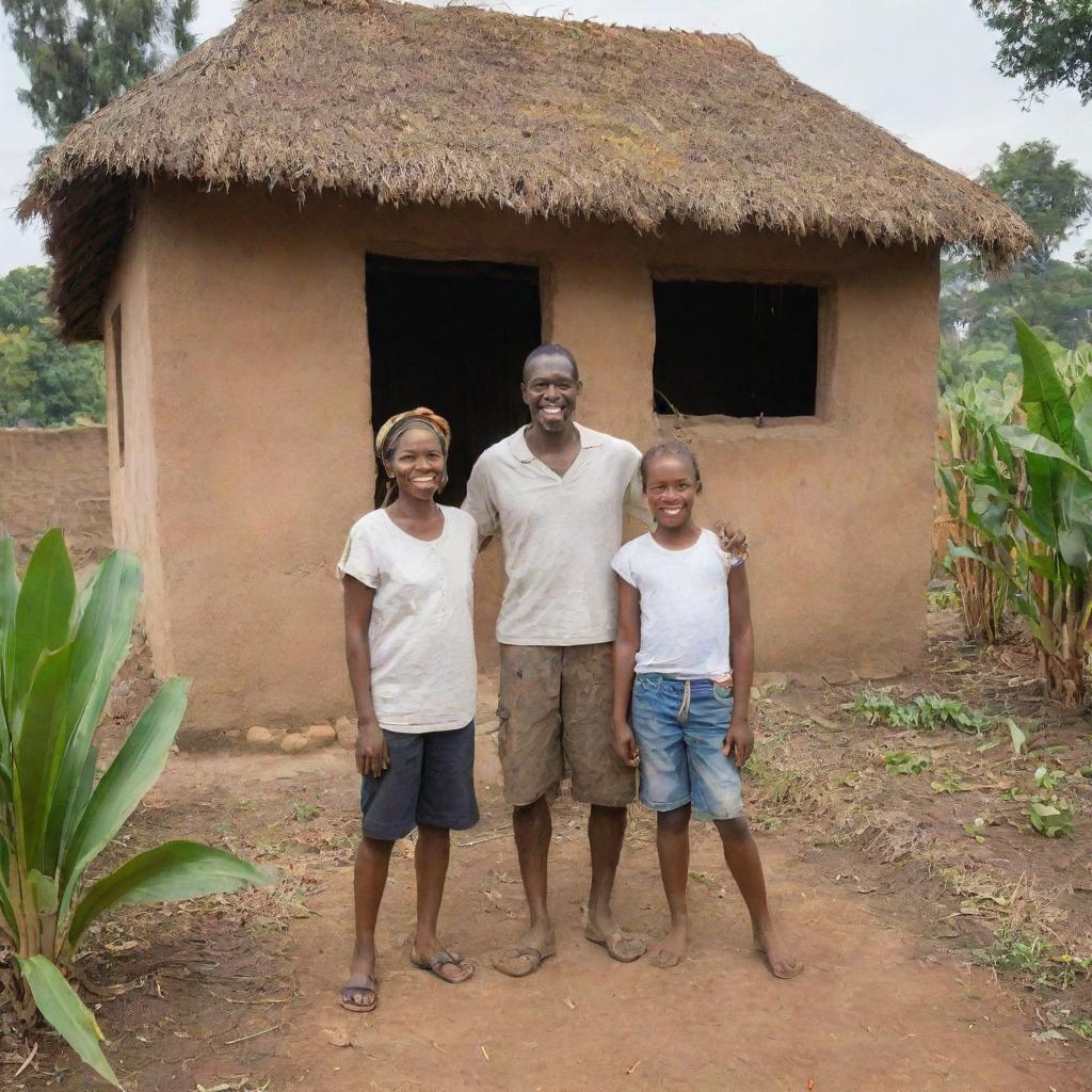 African family - a young man, his wife, and their two children, a boy and a girl, outside a rustic house, surrounded by a picturesque maize farm and brushy trees, joyfully engaged in roasting maize.