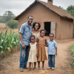 African family - a young man, his wife, and their two children, a boy and a girl, outside a rustic house, surrounded by a picturesque maize farm and brushy trees, joyfully engaged in roasting maize.