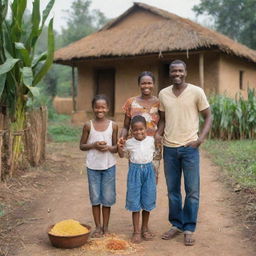 African family - a young man, his wife, and their two children, a boy and a girl, outside a rustic house, surrounded by a picturesque maize farm and brushy trees, joyfully engaged in roasting maize.