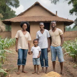 African family - a young man, his wife, and their two children, a boy and a girl, outside a rustic house, surrounded by a picturesque maize farm and brushy trees, joyfully engaged in roasting maize.