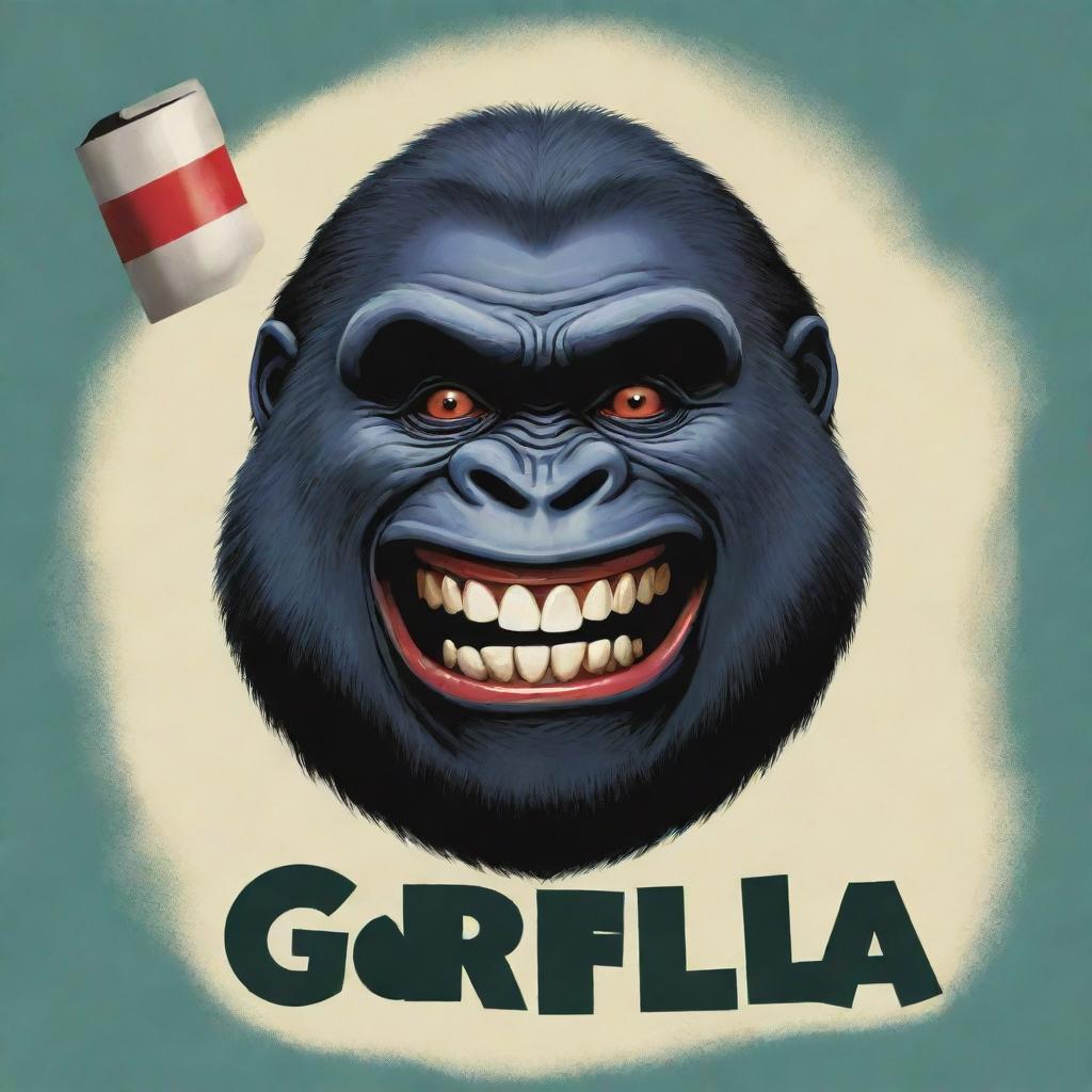 Modern text that reads 'gorilla', accompanied by a 2D cartoon illustration of a gorilla head. The gorilla has a large, eerie grin similar to the Joker’s, clown make-up, black empty eyes, and a cigarette clasped between its teeth.