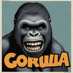 Modern text that reads 'gorilla', accompanied by a 2D cartoon illustration of a gorilla head. The gorilla has a large, eerie grin similar to the Joker’s, clown make-up, black empty eyes, and a cigarette clasped between its teeth.