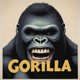 Modern text that reads 'gorilla', accompanied by a 2D cartoon illustration of a gorilla head. The gorilla has a large, eerie grin similar to the Joker’s, clown make-up, black empty eyes, and a cigarette clasped between its teeth.