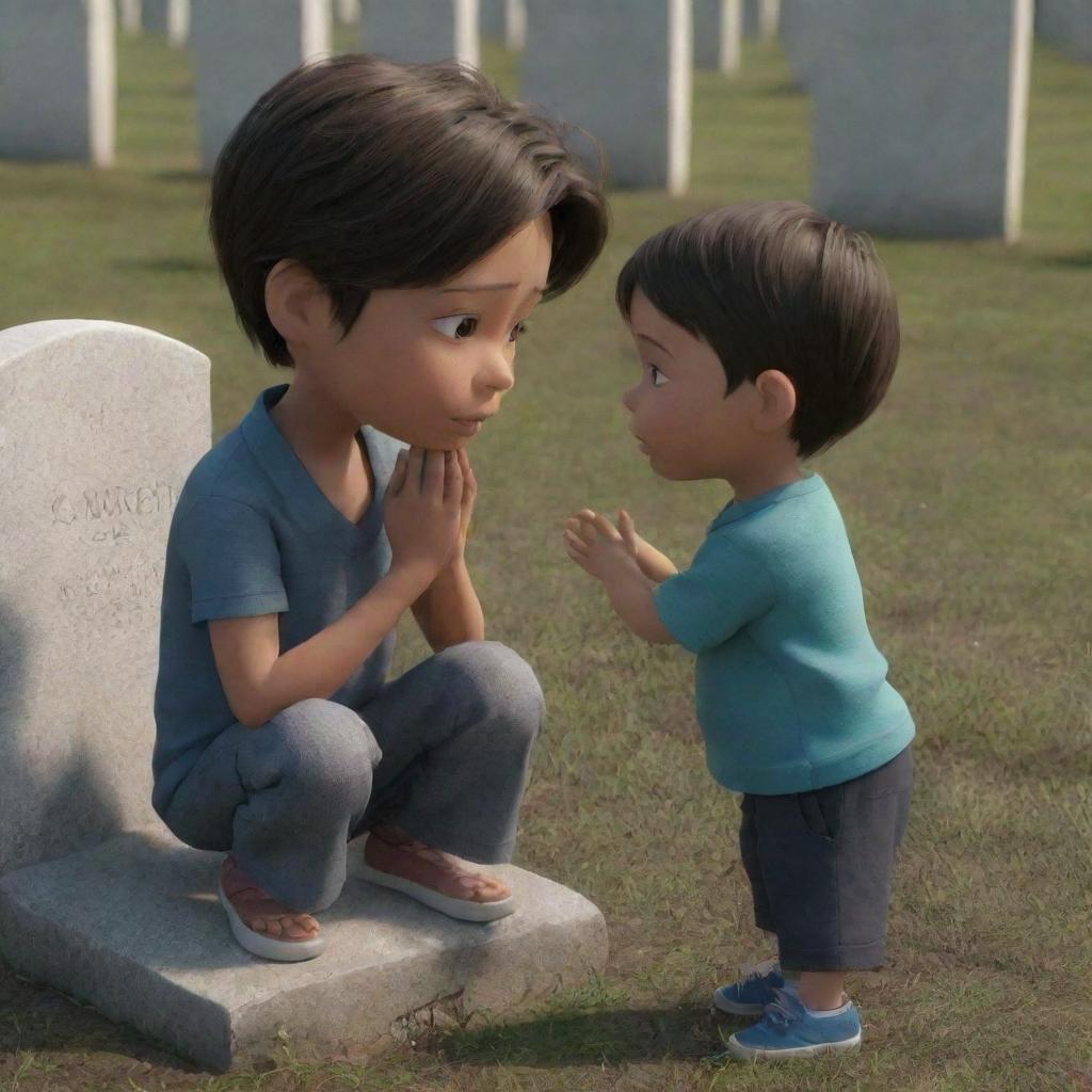 A high-definition animation of a young boy shedding tears at his mother's grave