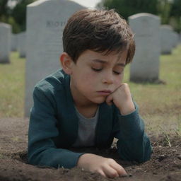 A high-definition animation of a young boy shedding tears at his mother's grave