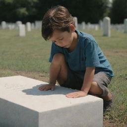 A high-definition animation of a young boy shedding tears at his mother's grave