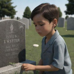 A high-definition animation of a young boy shedding tears at his mother's grave