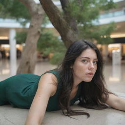 photo shot by sony alpha ii and sony fe 200, a full body woman, in shoping mall lying on tree, 23 year old with green eyes and black long hair.,freckles, moda clothes, ultra realist, 4k hd, ultra detailed, natural light,  --style raw--v 5.2,