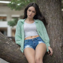 photo shot by sony alpha ii and sony fe 200, a full body woman, in shoping mall lying on tree, 23 year old with green eyes and black long hair.,freckles, moda clothes, ultra realist, 4k hd, ultra detailed, natural light,  --style raw--v 5.2,