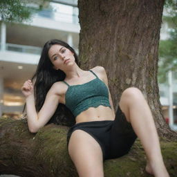 photo shot by sony alpha ii and sony fe 200, a full body woman, in shoping mall lying on tree, 23 year old with green eyes and black long hair.,freckles, moda clothes, ultra realist, 4k hd, ultra detailed, natural light,  --style raw--v 5.2,