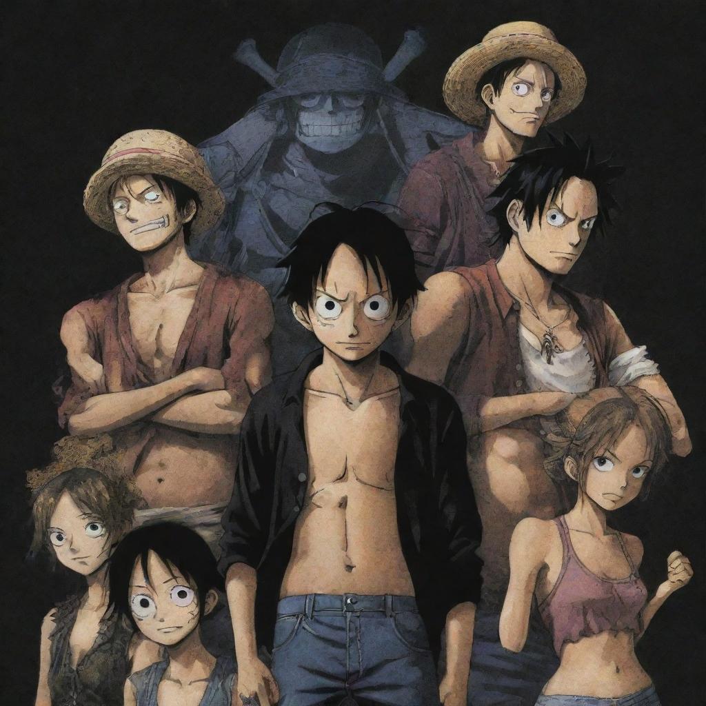 A dark-toned wallpaper featuring characters from the anime One Piece