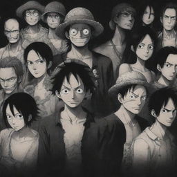 A dark-toned wallpaper featuring characters from the anime One Piece