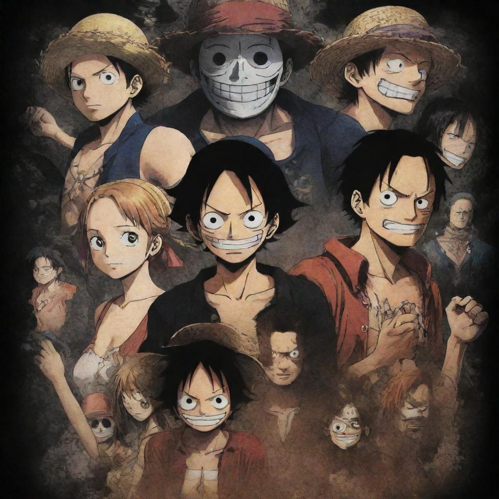 A dark-toned wallpaper featuring characters from the anime One Piece