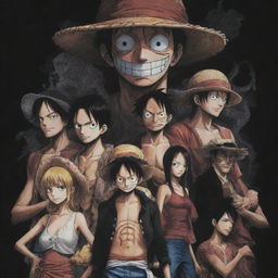 A dark-toned wallpaper featuring characters from the anime One Piece