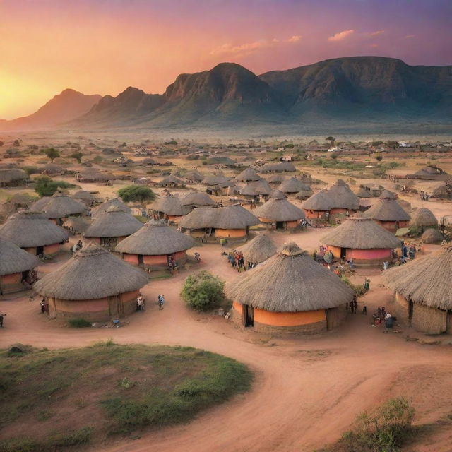 A vibrant African village at sunset, brimming with energy and culture. Thatched huts, bustling marketplaces, people adorned in colorful attire, and a backdrop of rugged mountains and savanna.