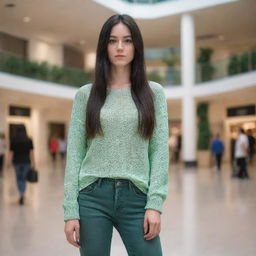 photo shot by sony alpha ii and sony fe 200, a full body woman, in shoping mall, 23 year old with green eyes and black long hair.,freckles, moda clothes, ultra realist, 4k hd, ultra detailed, natural light,  --style raw--v 5.2,