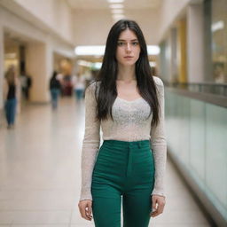 photo shot by sony alpha ii and sony fe 200, a full body woman, in shoping mall, 23 year old with green eyes and black long hair.,freckles, moda clothes, ultra realist, 4k hd, ultra detailed, natural light,  --style raw--v 5.2,