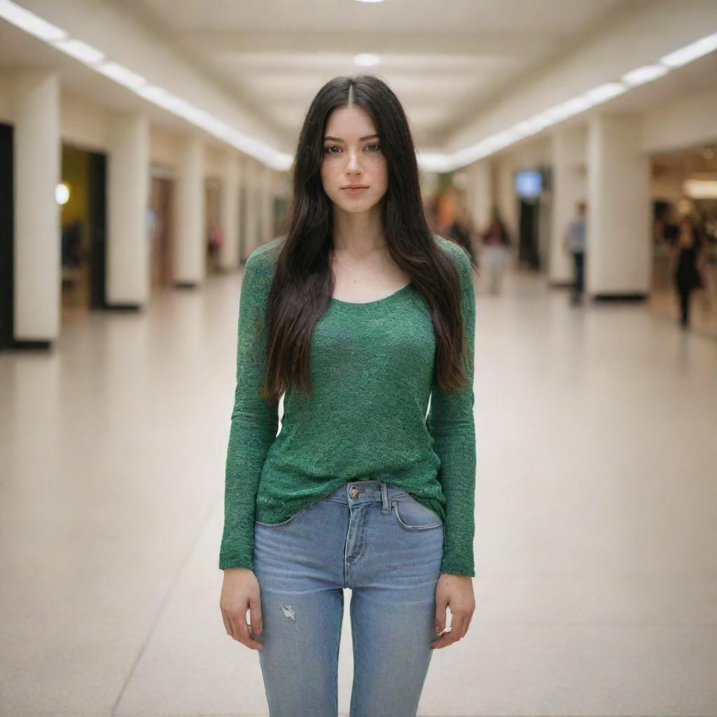 photo shot by sony alpha ii and sony fe 200, a full body woman, in shoping mall, 23 year old with green eyes and black long hair.,freckles, moda clothes, ultra realist, 4k hd, ultra detailed, natural light,  --style raw--v 5.2,