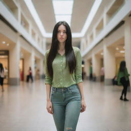 photo shot by sony alpha ii and sony fe 200, a full body woman, in shoping mall, 23 year old with green eyes and black long hair.,freckles, moda clothes, ultra realist, 4k hd, ultra detailed, natural light,  --style raw--v 5.2,