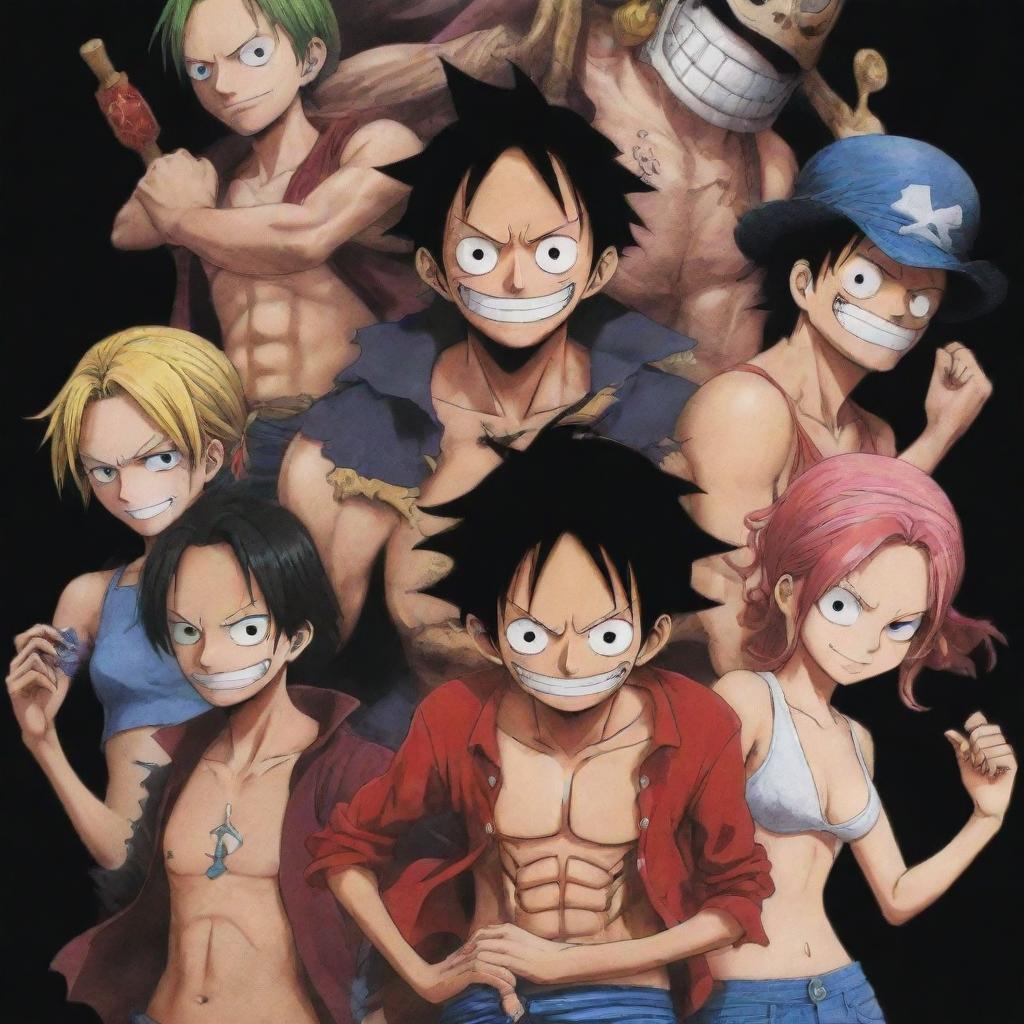 A dark-toned, 4K resolution wallpaper designed for a phone, featuring characters from the anime One Piece