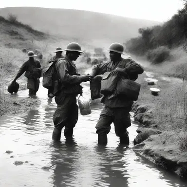 After a long and devastating battle, the soldiers replenished their water supplies from nearby rivers and streams to quench their thirst.