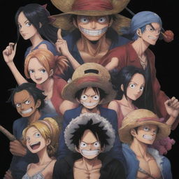 A dark-toned, 4K resolution wallpaper designed for a phone, featuring characters from the anime One Piece